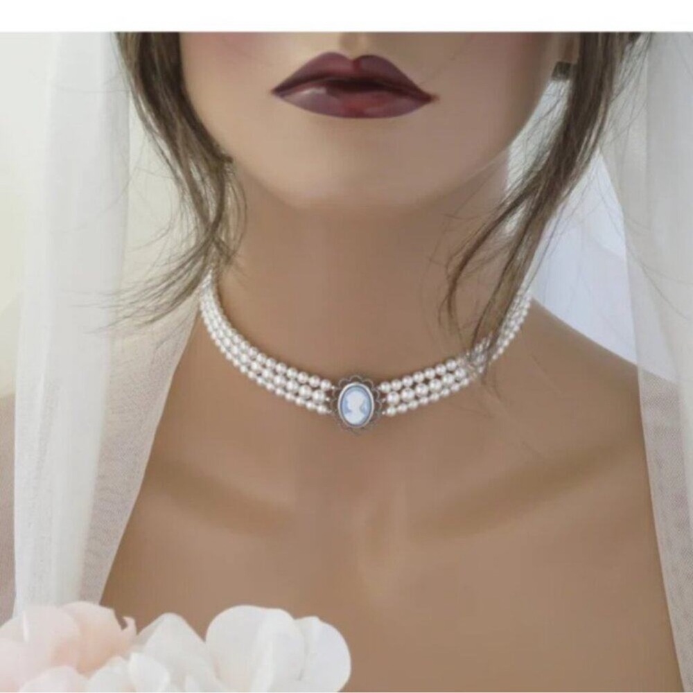 NEW BlingBaddaBoom Blue Cameo Earrings Pearl Choker Set Classic Bridal Regal